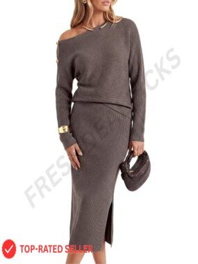 Wool Blend Off Shoulder Sweater & Midi Skirt Set Long Sleeve 2 Piece